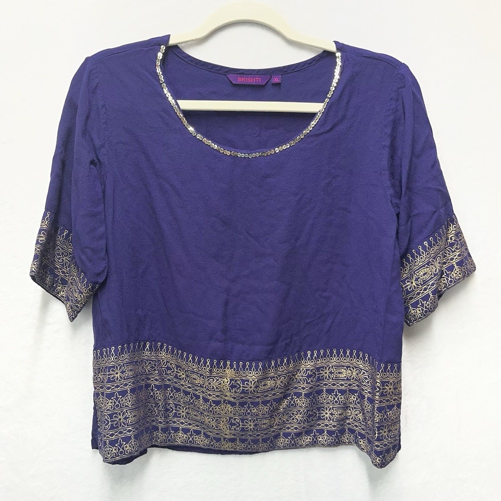 Srishti Sequin Top Womens XL Made in India Gold Printed Hem & Sleeves